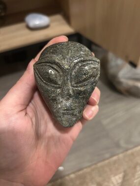 Hand-Carved Stone Pyrite in Matrix Alien Head Sculpture - Natural Gray